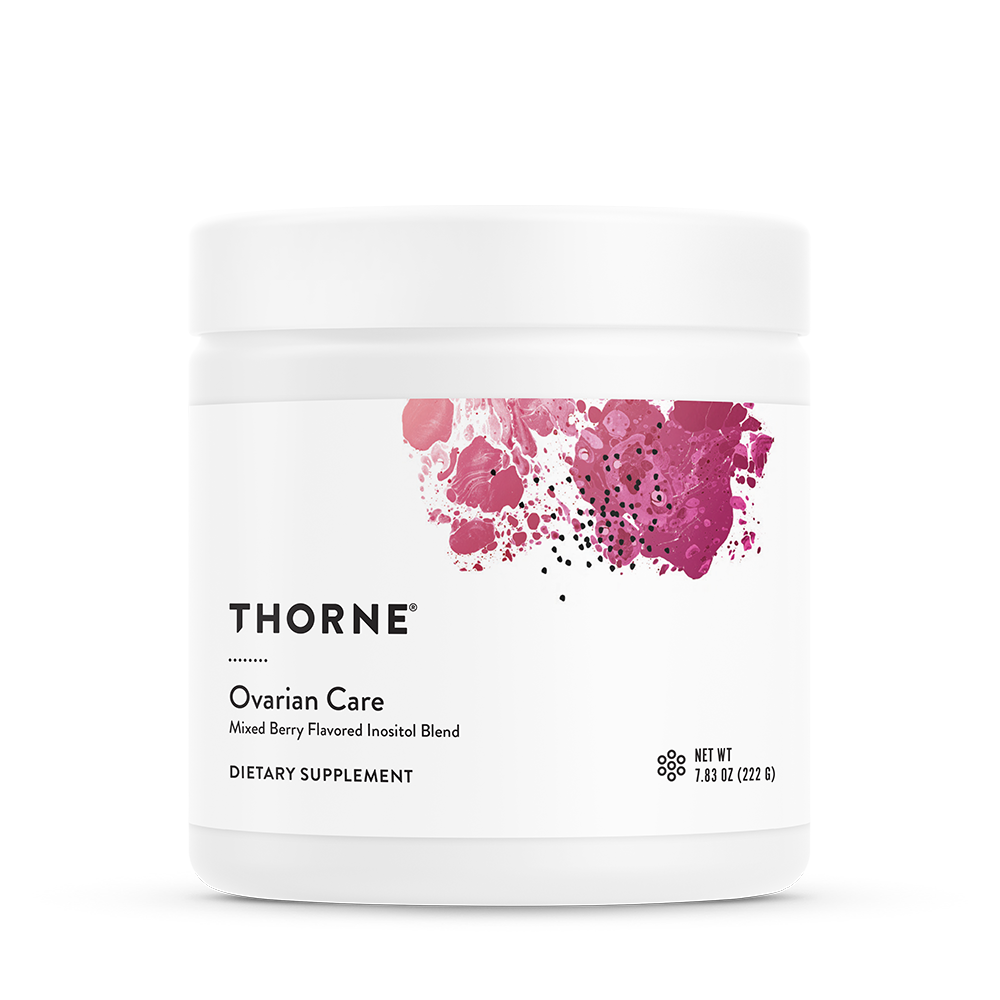 Container of Thorne Ovarian Care dietary supplement with pink and purple abstract design on the label.