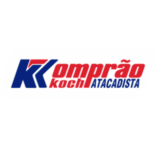 Logotipo do Komprão Koch ATACADISTA com texto estilizado nas cores azul e vermelho sobre fundo branco.