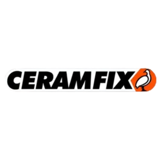 Logotipo da Ceramfix com texto estilizado e um ícone de colher sobre um fundo de círculo laranja.