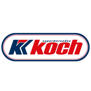 Logotipo do Koch Supermercados com texto em vermelho e azul sobre fundo branco.
