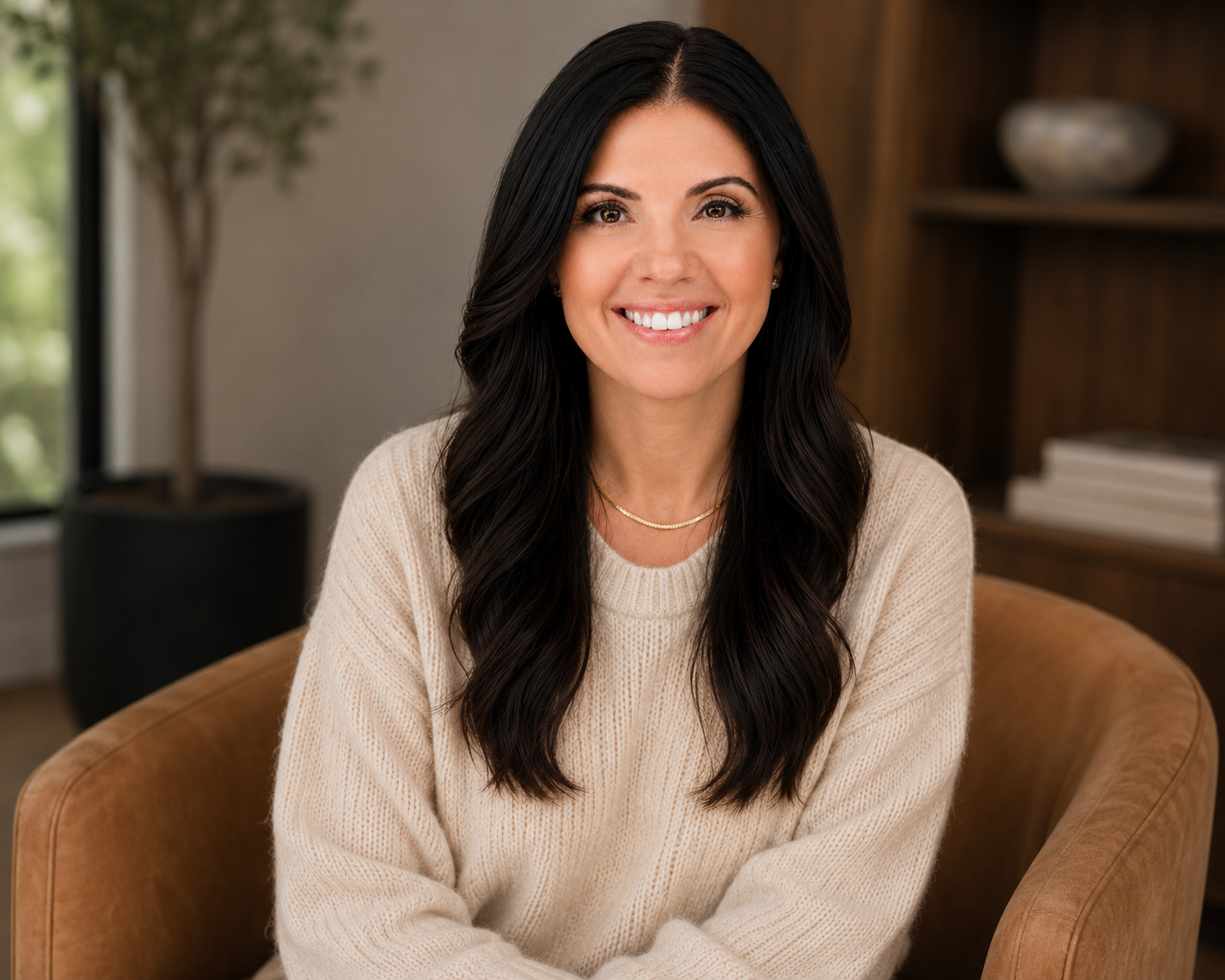 Smiling woman with long dark hair in cream sweater sitting on a tan chair, indoor setting with plant and bookshelf in the background.