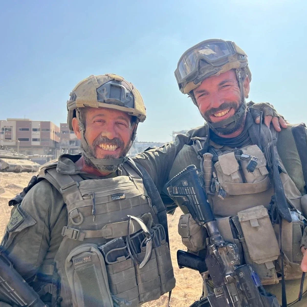 Col. Erez Eshel of the IDF in full combat gear with a fellow soldier Mati Shoshani.