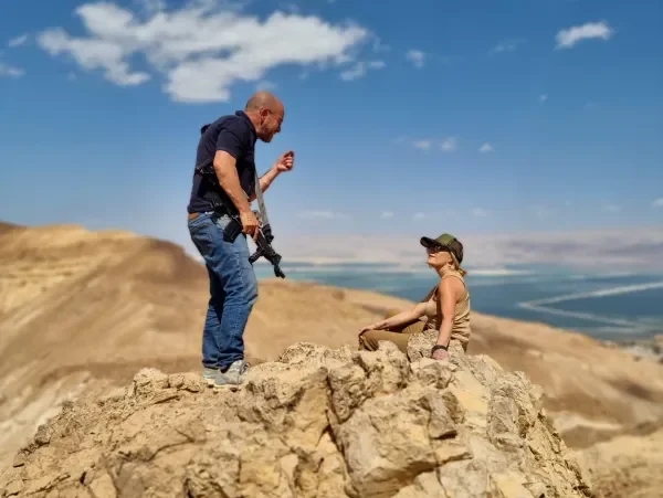 Director Melissa Francis with Col. Erez Eshel overlooking the Dead Sea from Mount Aharon during production of The Prophet.