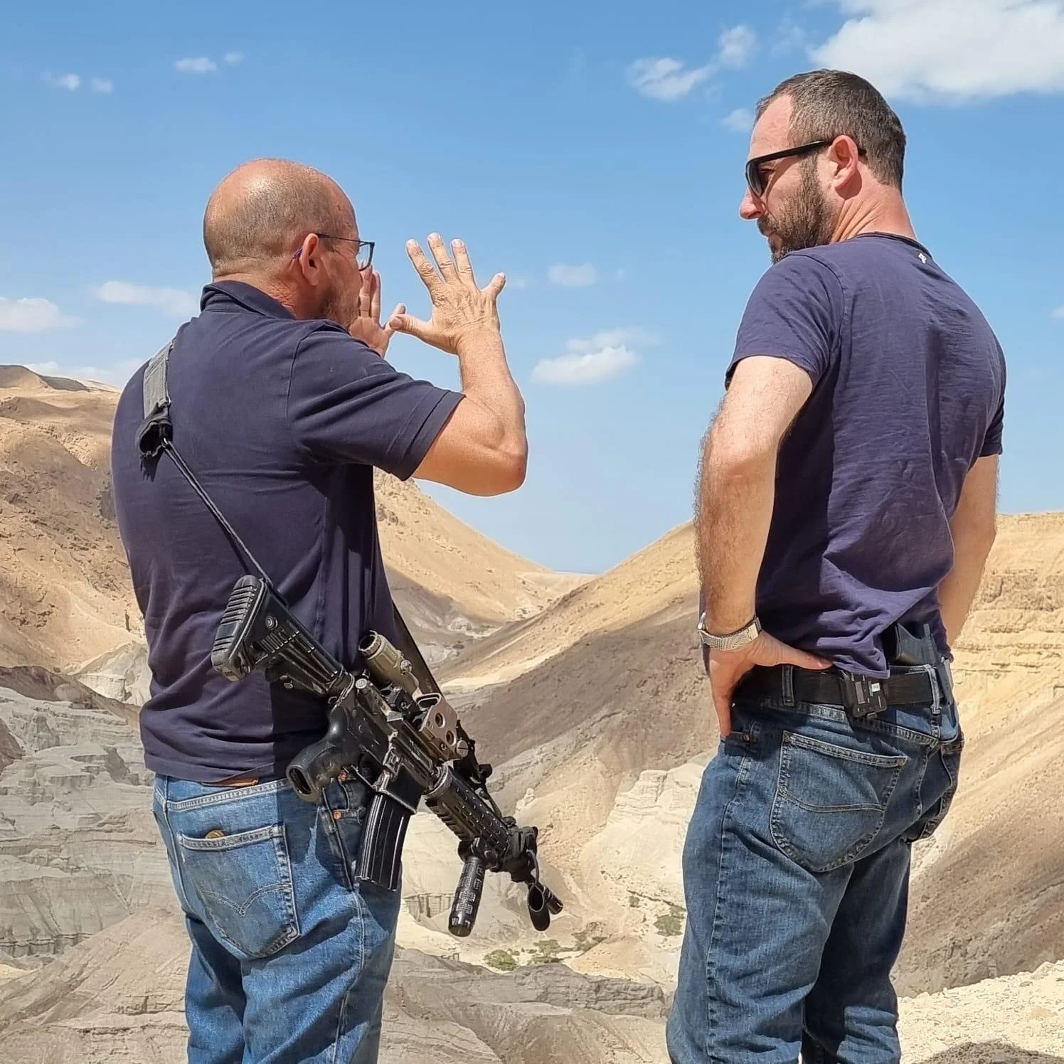Col. Erez Eshel with cinematographer Amir Sheinbaum above the Dead Sea near Mount Aharon.