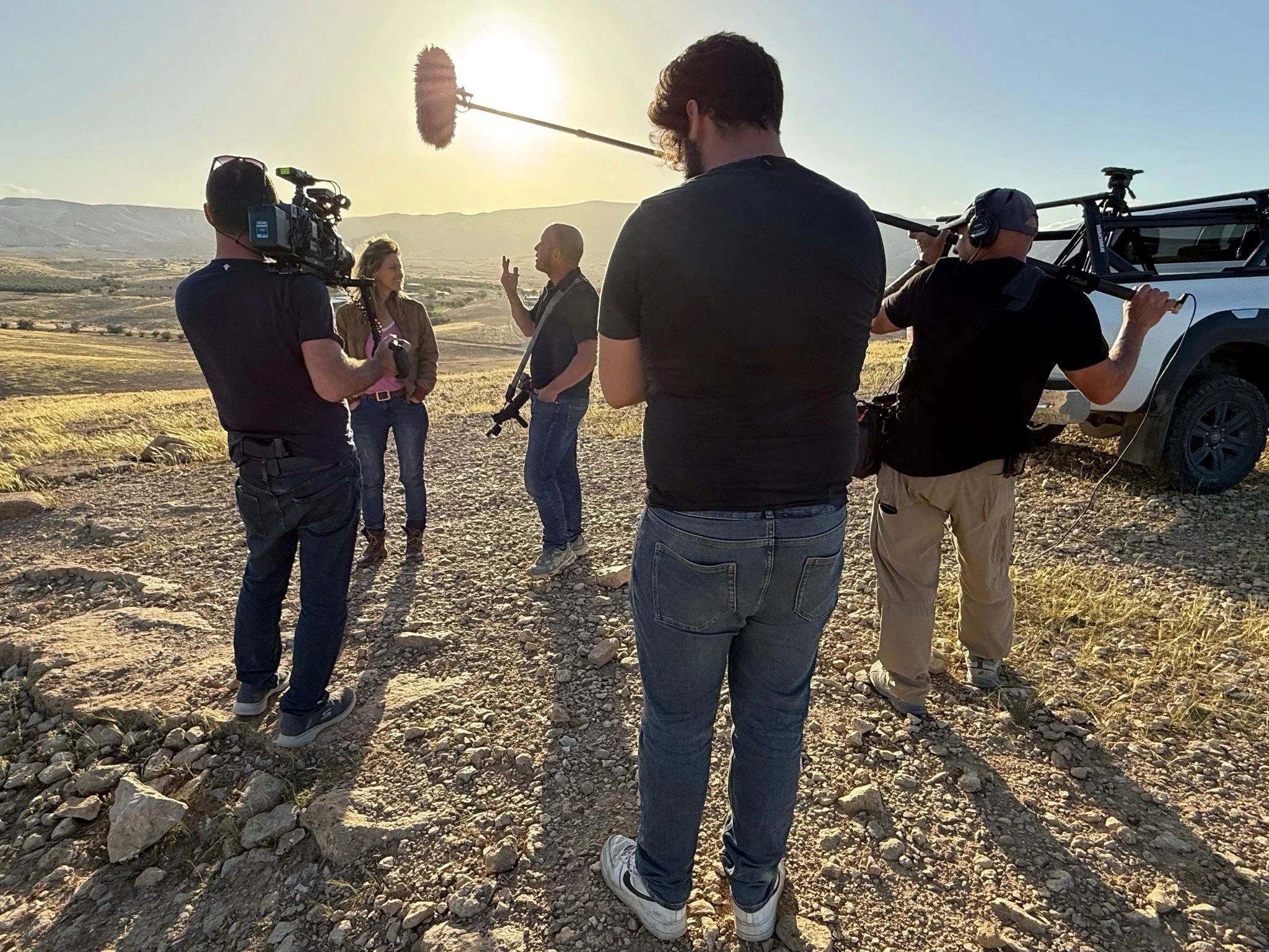The Prophet documentary crew filming on location in the Jordan Valley with director Melissa Francis and Col. Erez Eshel.