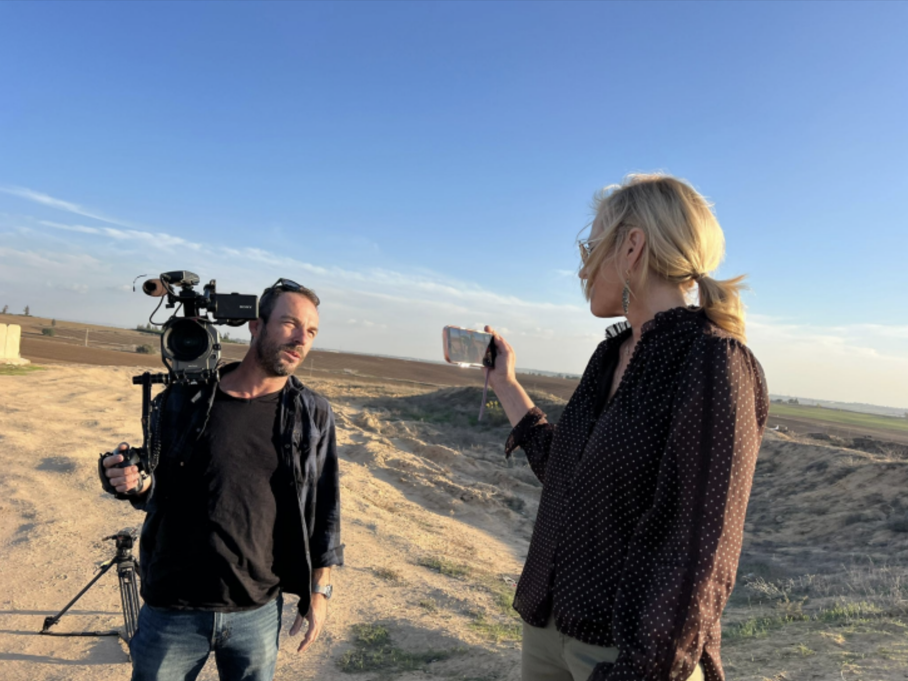 Melissa Francis and Amir Sheinbaum in the Gaza envelope during filming of The Prophet documentary.