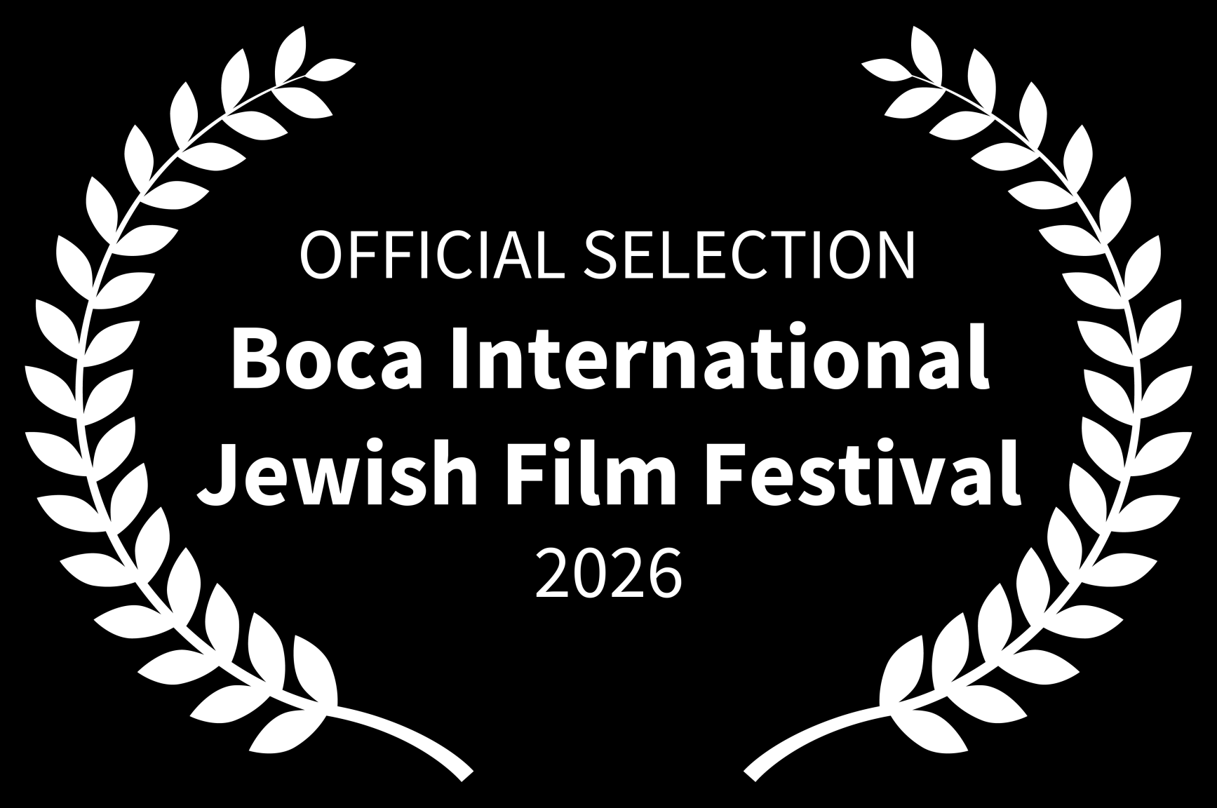 Black and white badge with laurel wreaths around the text: The Prophet Documentary Award "Official Selection Boca International Jewish Film Festival 2026"
