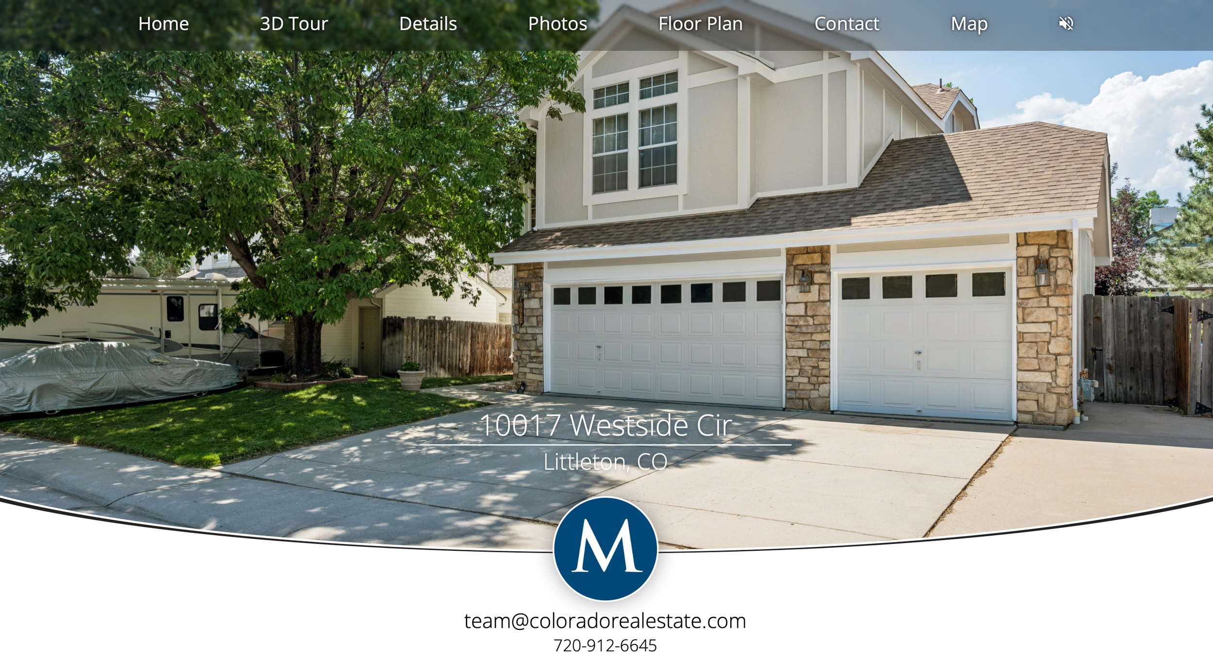 Front view of a two-story house with a stone and beige siding exterior, two garages, and a large green tree in the front yard. The house is located at 10017 Westside Cir, Littleton, CO.