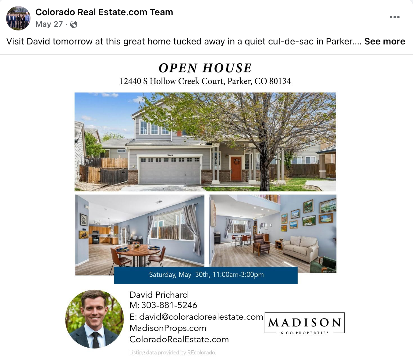 Flyer for a house open house event, featuring a photo of the house exterior, and interior images of the kitchen and living room, with event details, date, time, and contact information for real estate agent David Prichard.