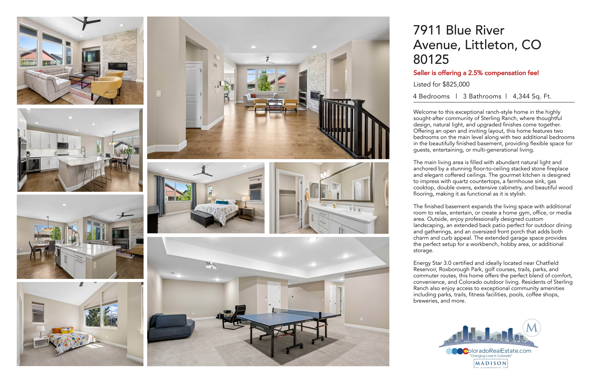 A collage of interior photos of a house, including living rooms, kitchen, bedrooms, and recreational room with ping pong table.