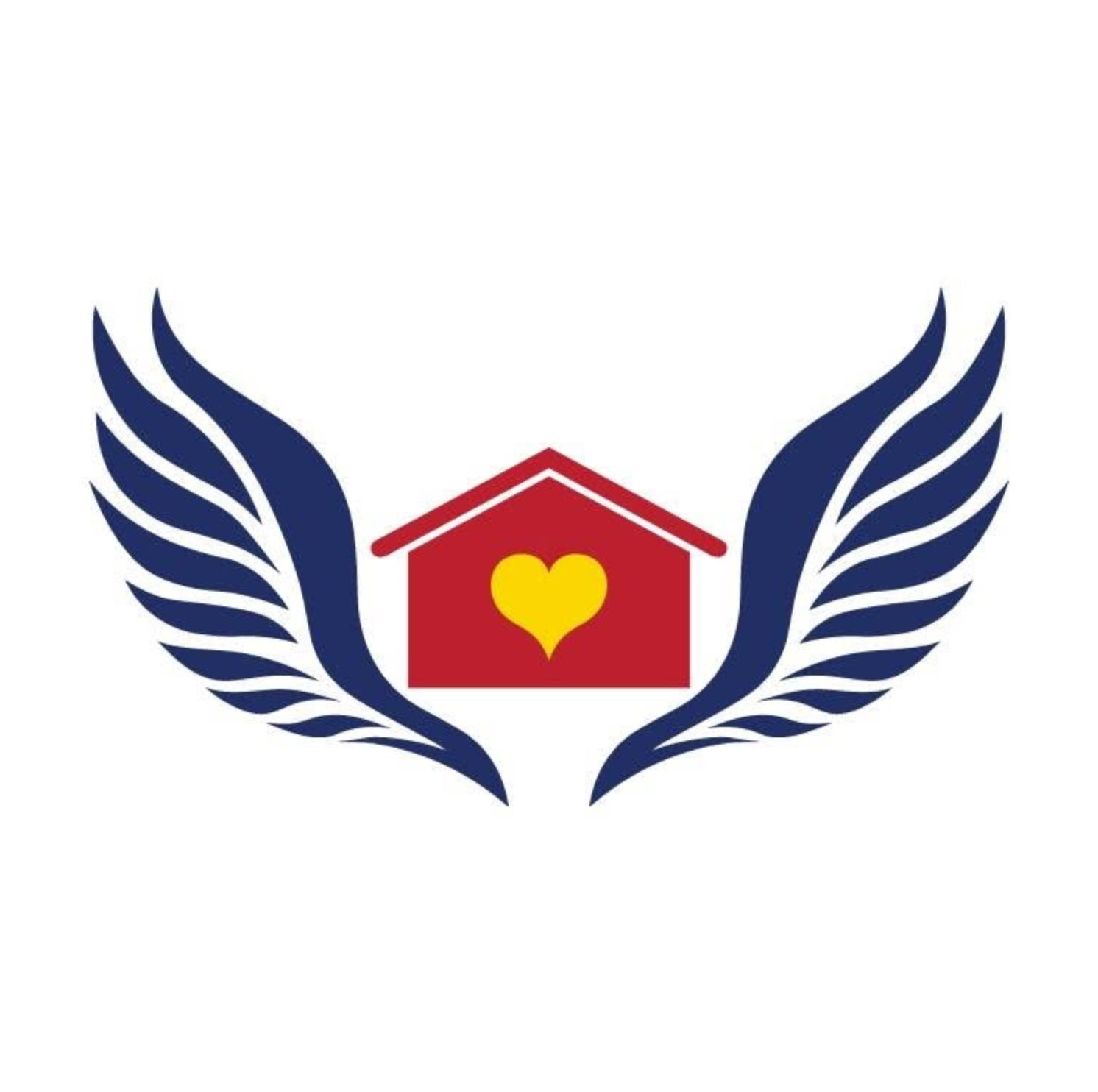 A logo featuring a red house with a yellow heart in the center, surrounded by blue stylized wings.