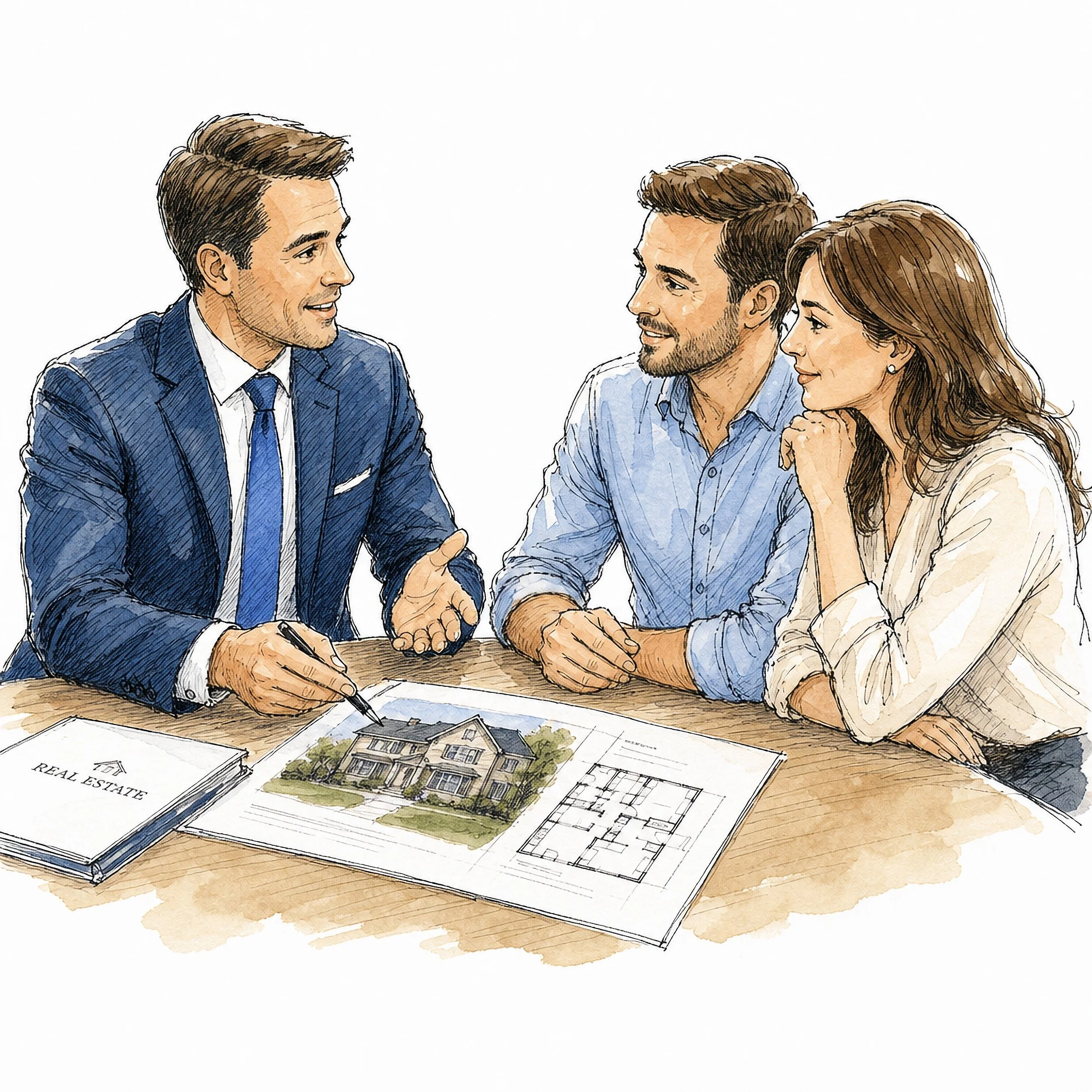 Illustration of a business meeting with three people discussing architectural plans for a house, with real estate and floor plan documents on the table.