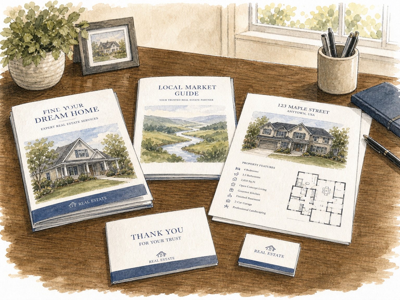 Watercolor illustration of a real estate agent's desk with brochures, business cards, a potted plant, and a window, showcasing property listings and neighborhood details.
