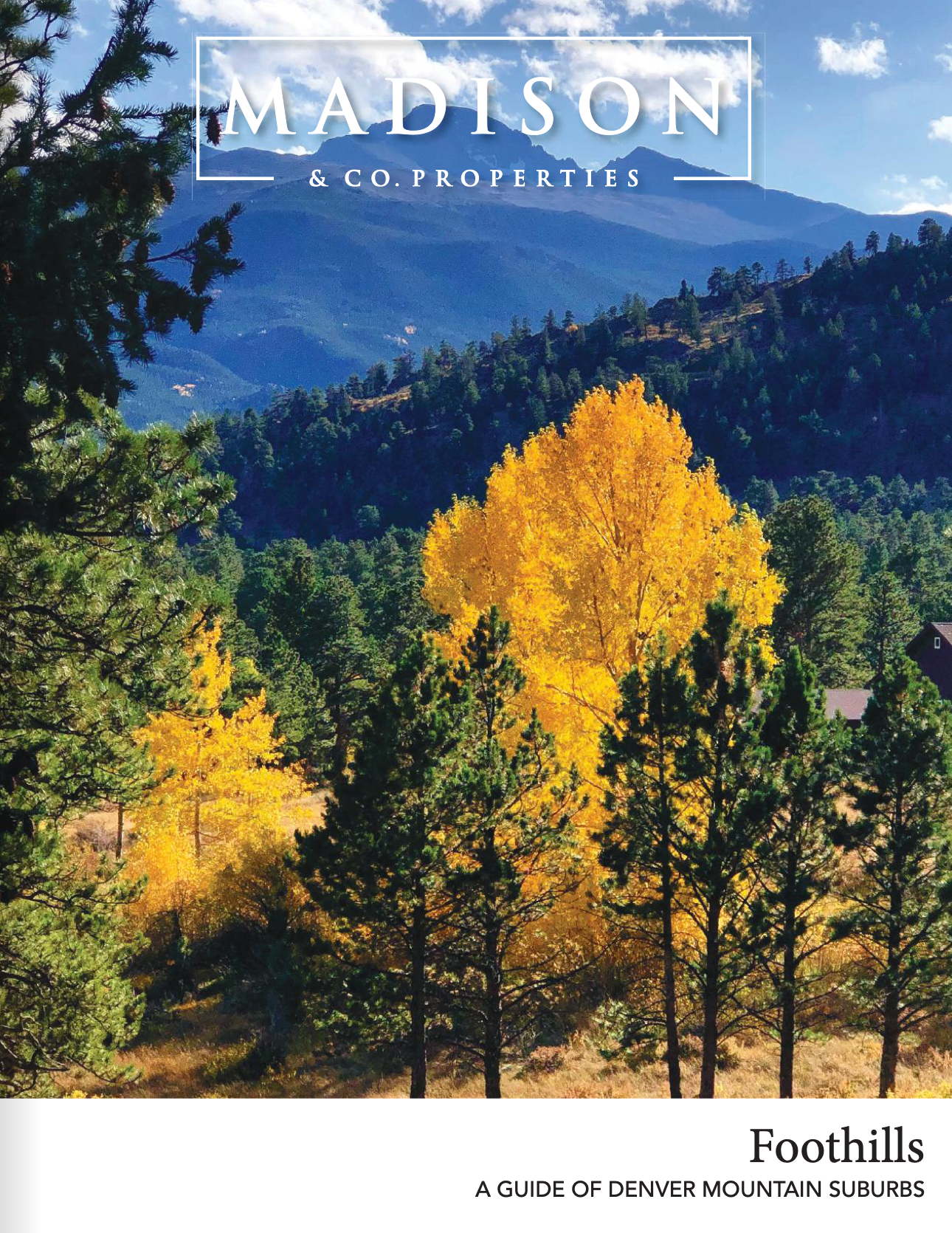 A scenic landscape showing trees with yellow and green leaves, mountain range in the background, and blue sky with clouds. The top of the image has a white overlay with the title 'Madison & Co. Properties'. The bottom part has text that reads 'Foothills: A guide of Denver mountain suburbs'.
