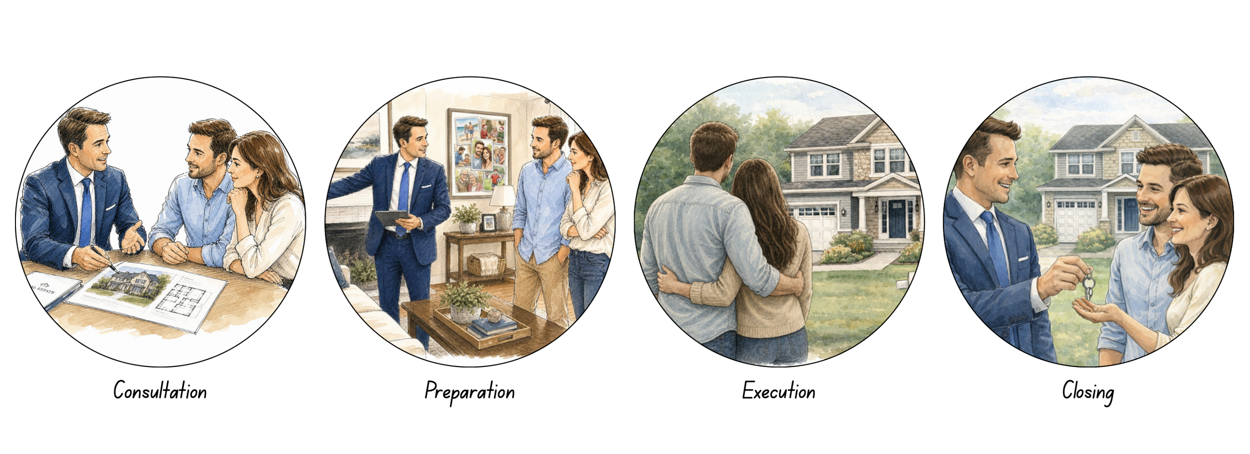 A four-part illustration showing different stages of buying a house. The first part labeled 'Consultation' shows a real estate agent discussing with a couple over house plans. The second part labeled 'Preparation' depicts a real estate agent showing a couple a property inside a house. The third part labeled 'Execution' shows a couple looking at a house outside. The fourth part labeled 'Closing' shows a real estate agent handing keys to a happy couple in front of a house.