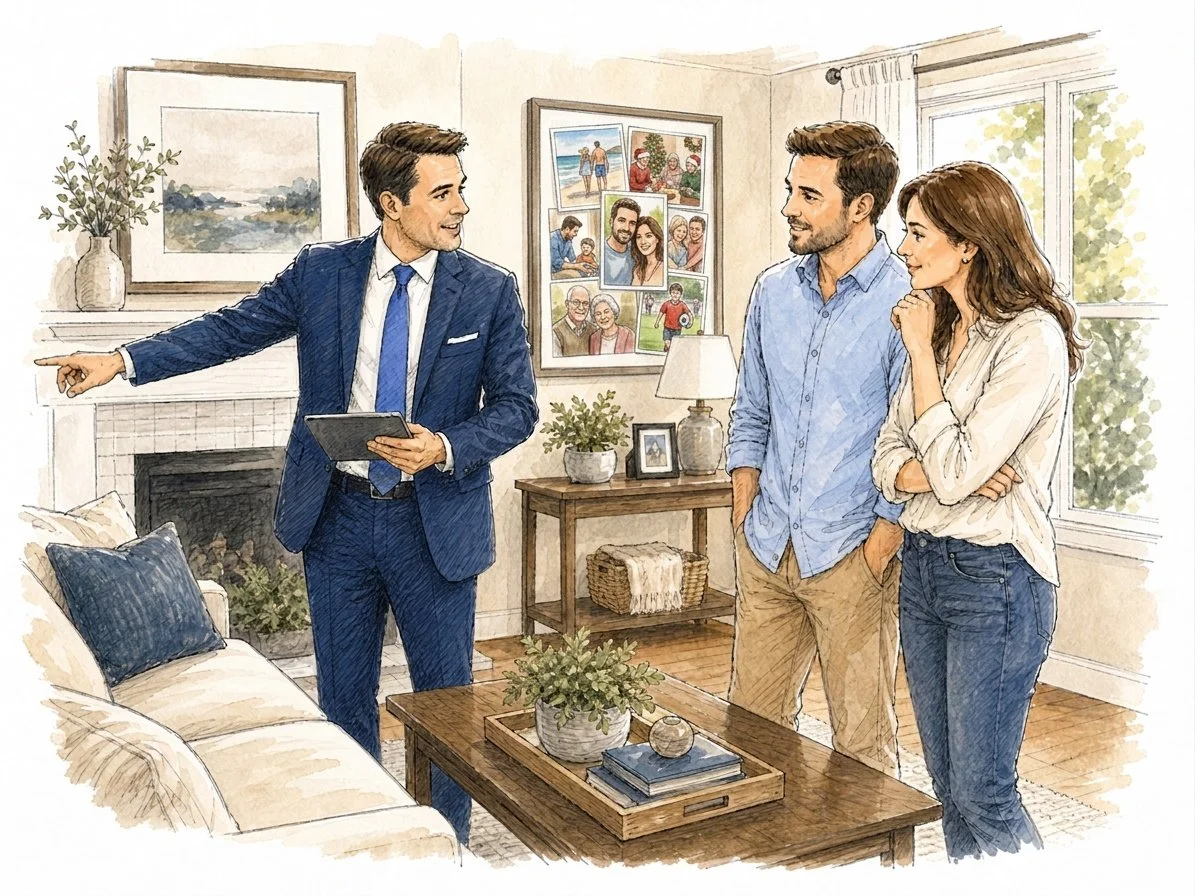 A real estate agent showing a couple a living room in a house for sale or rent.