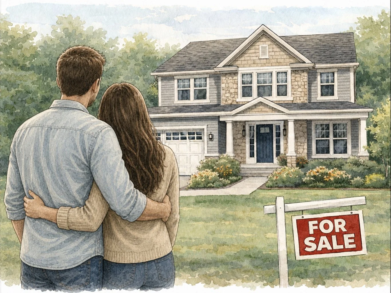 A couple looking at a house for sale with a 'For Sale' sign in the yard.