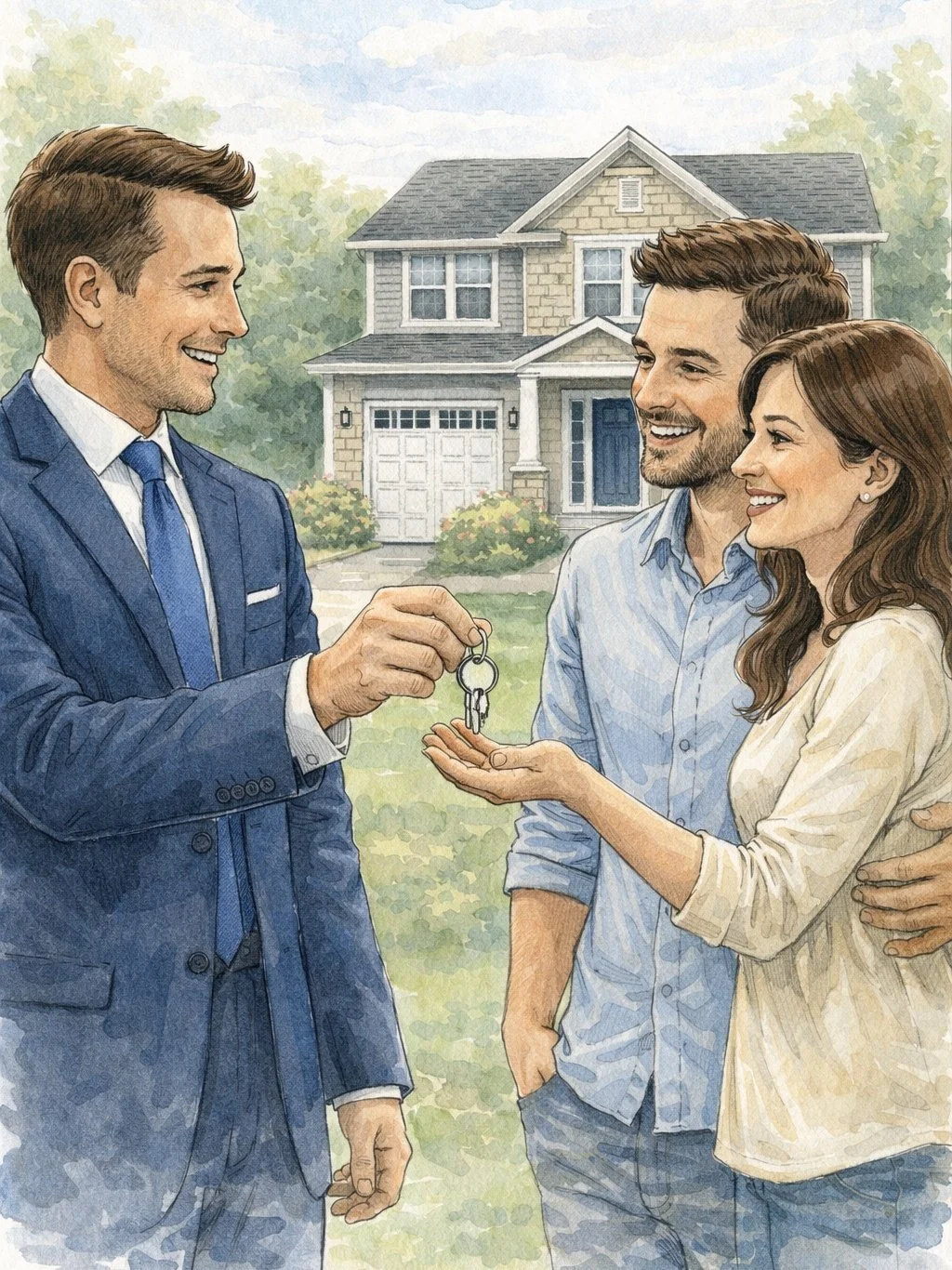A man in a suit hands keys to a couple in front of a house, indicating a home sale or rental.