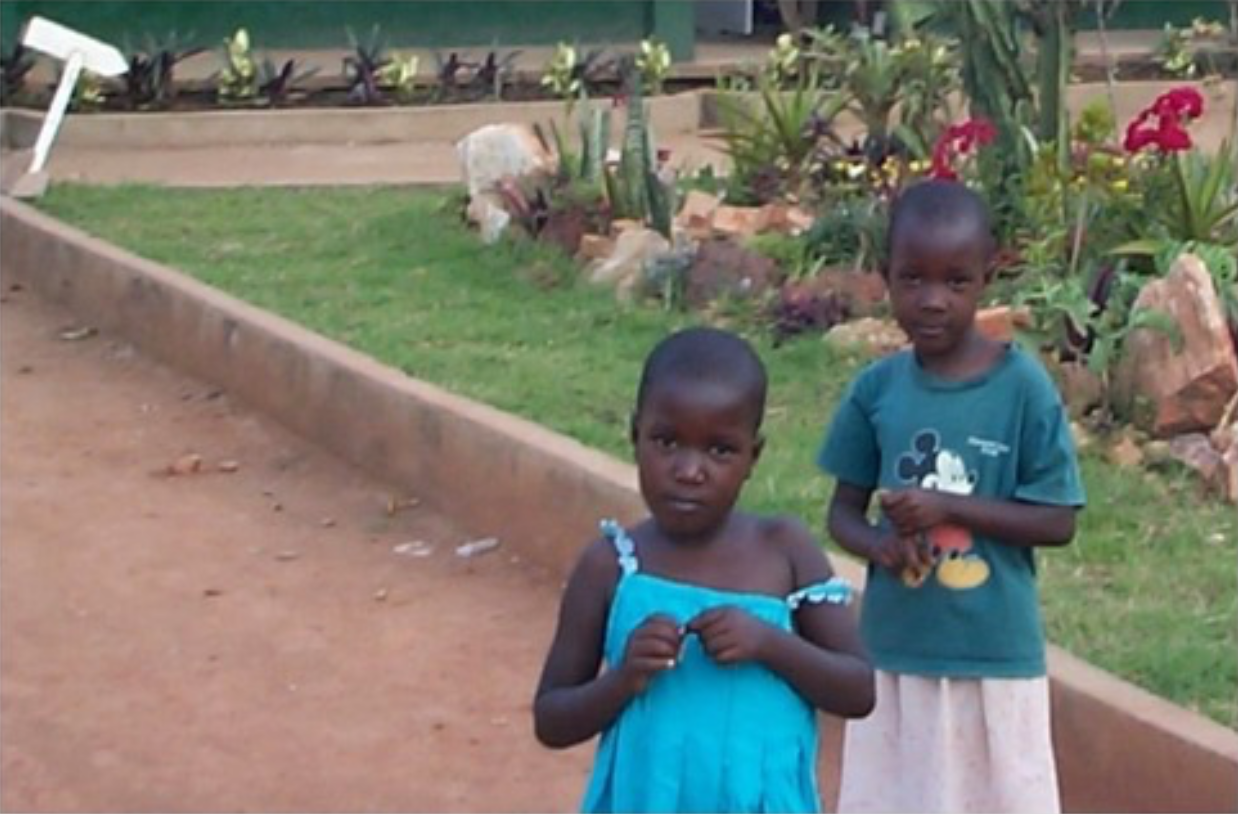 Two young African children standing outdoors near a garden with flowers and rocks, one wearing a blue dress and the other in a t-shirt with Mickey Mouse and a skirt.