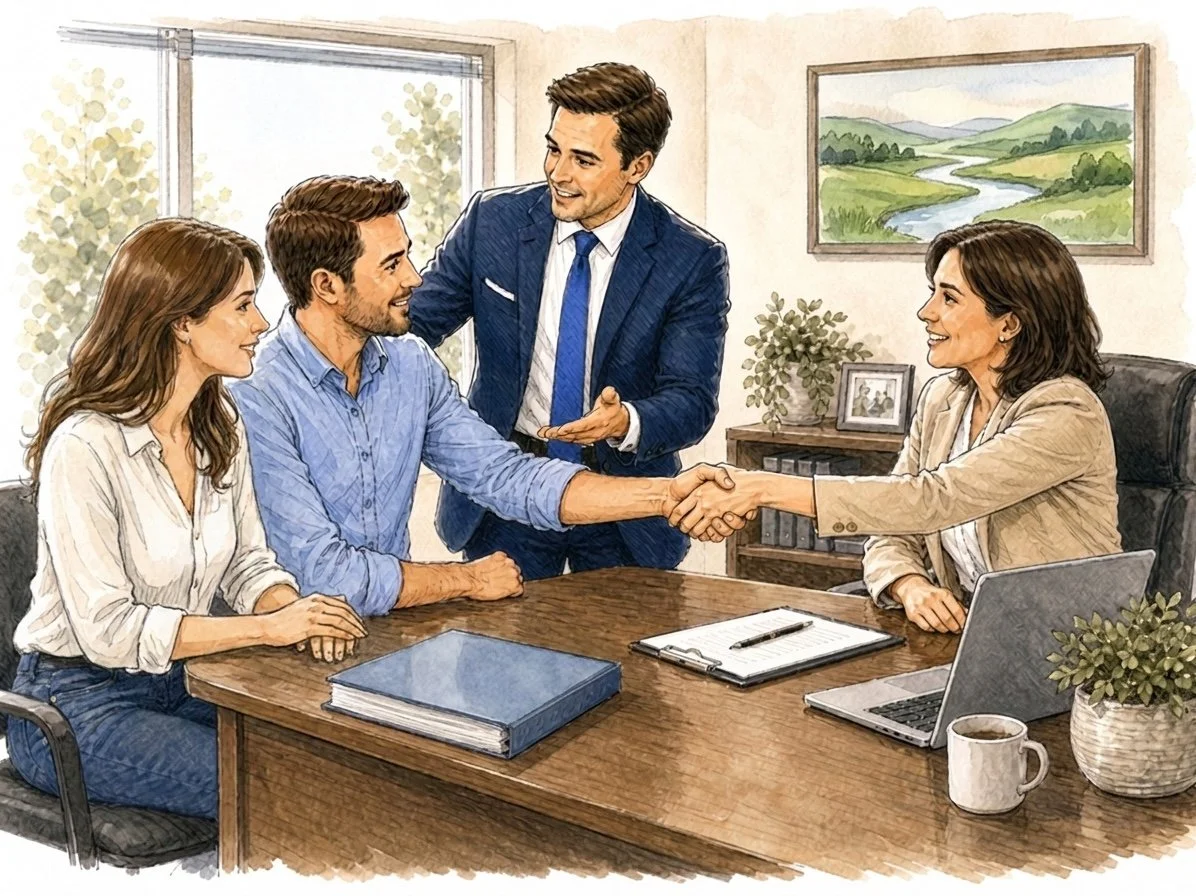 Business people shaking hands in an office during a meeting, with a man standing and talking to a woman seated, while a man and woman on the left observe