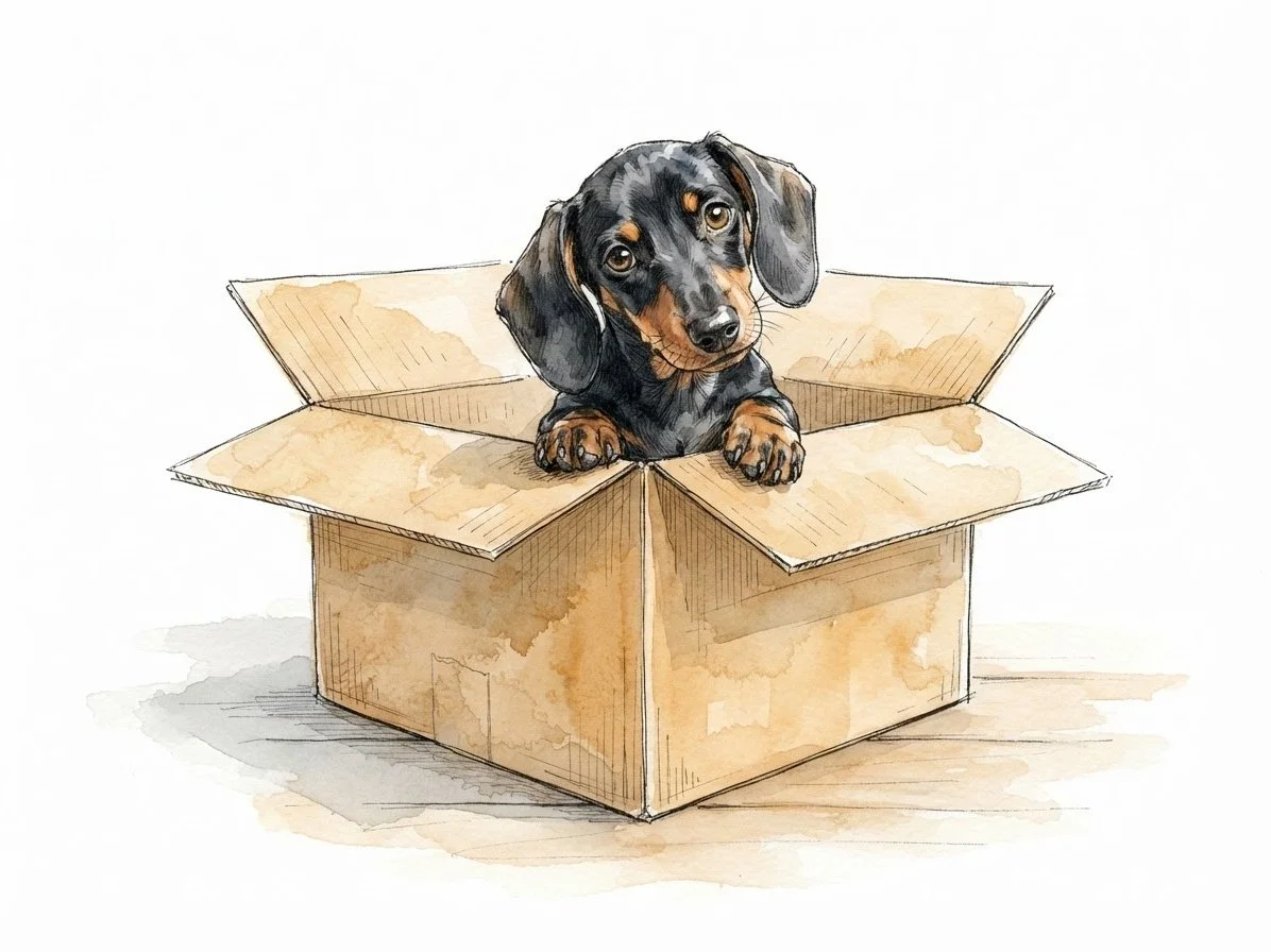 A watercolor illustration of a black and tan dachshund puppy with floppy ears, sitting inside an open cardboard box, looking up.