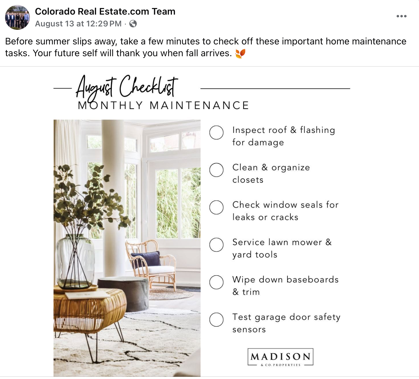 A checklist titled August Home Maintenance Checklist with six items, overlaid on an image of a bright sunlit living room with large windows, a potted plant, a rattan chair with a navy pillow, a round ottoman, and a patterned rug.
