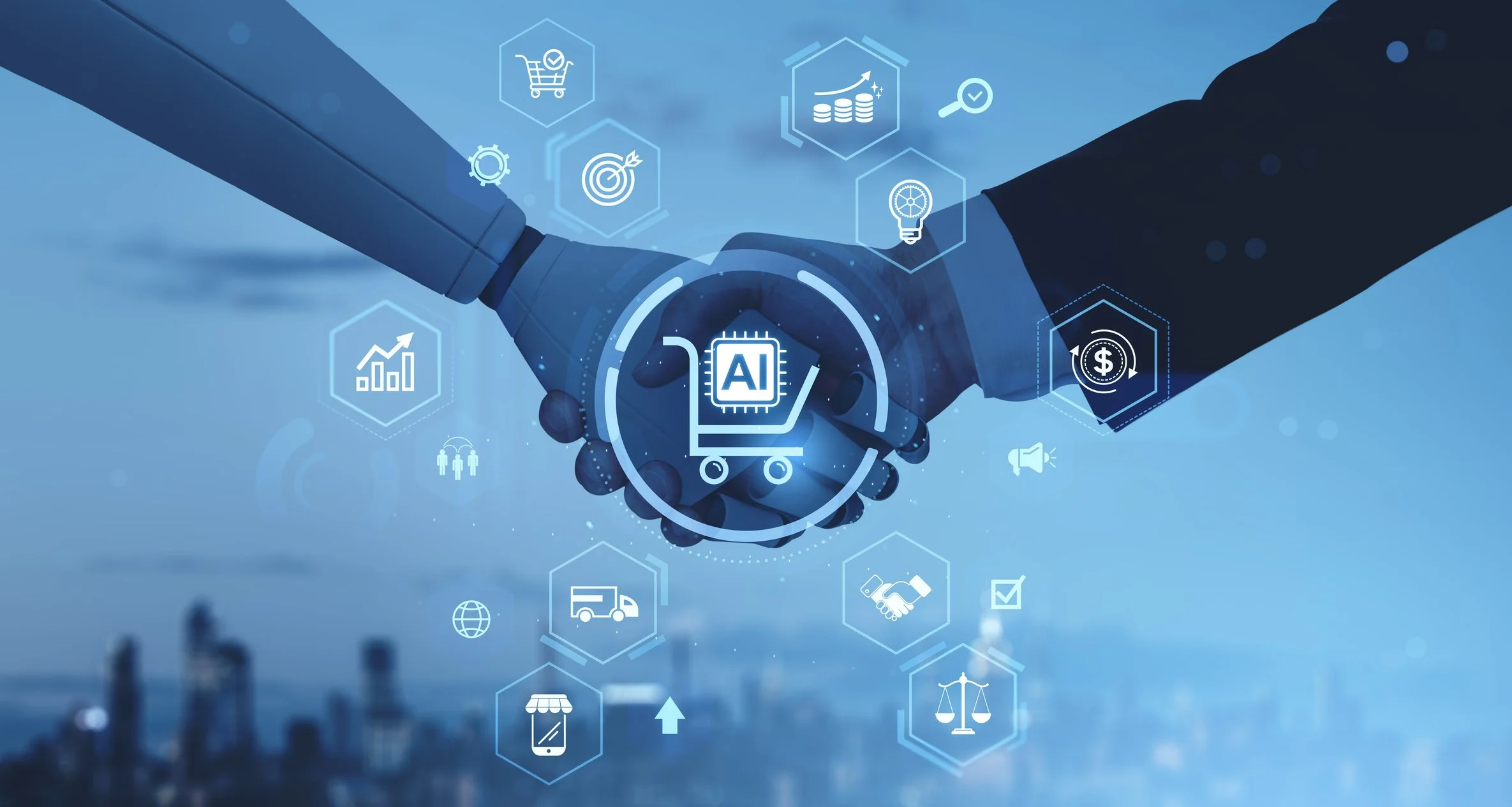 Two people shaking hands with digital icons around them representing technology, business, and innovation in a blue theme.