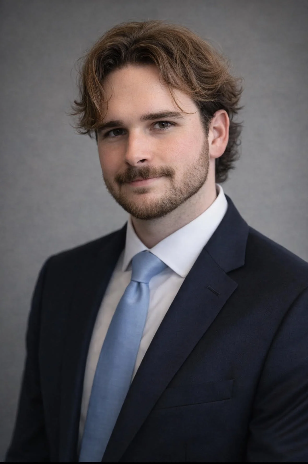 A young man in a suit with a light blue tie, light brown hair, and a beard, posing against a gray background.