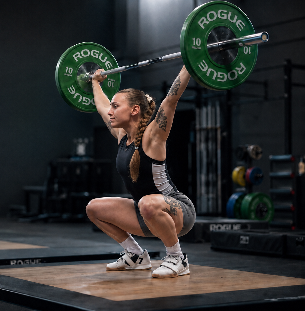 Woman performing an overhead squat with a barbell at a gym.