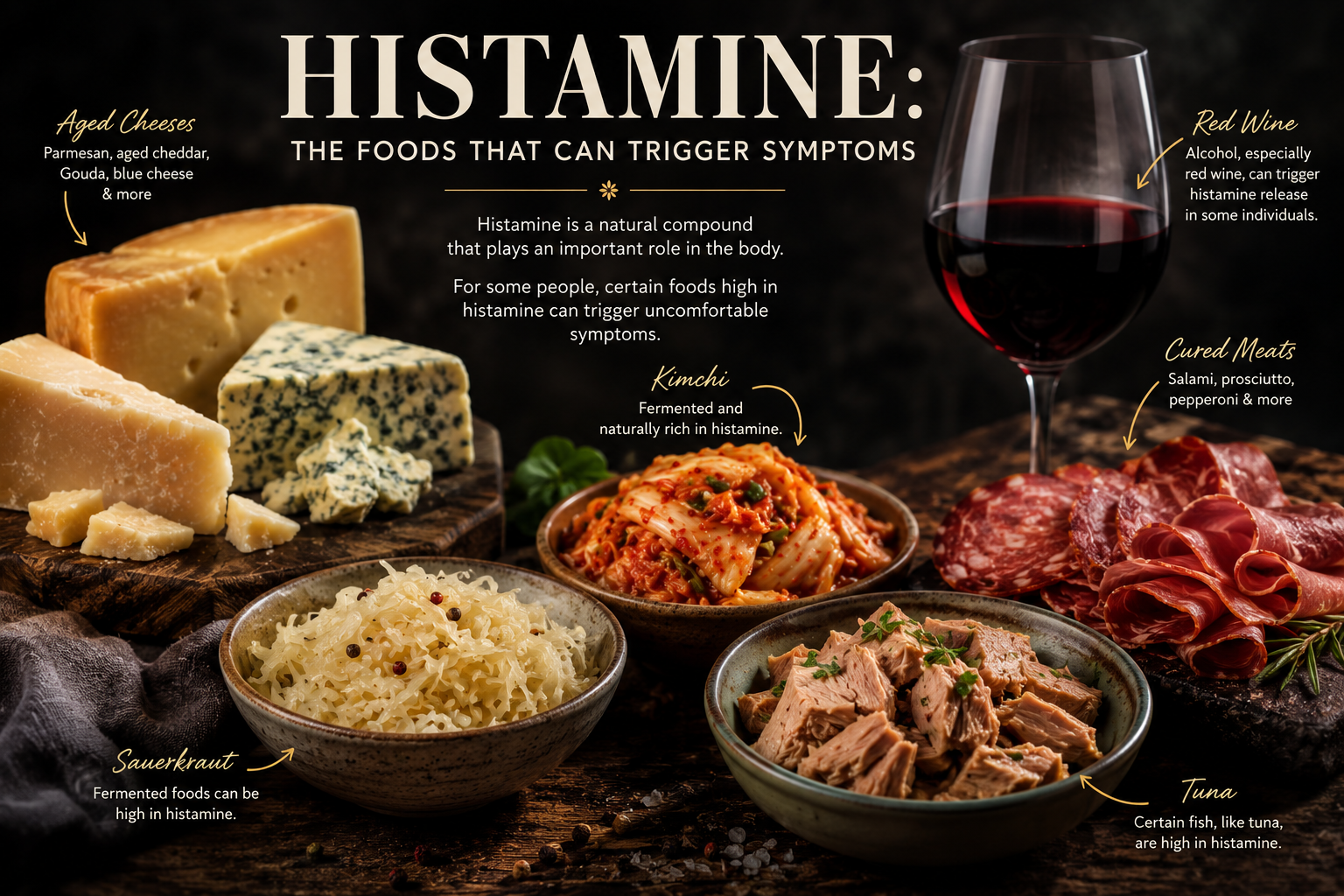 An infographic titled 'Histamine: The foods that can trigger symptoms' with a dark background. It features various foods including aged cheeses like Parmesan, cheddar, Gouda, blue cheese, kimchi, sauerkraut, tuna, cured meats such as salami, prosciutto, pepperoni, and a glass of red wine. The infographic explains that histamine plays a role in the body, and certain foods high in histamine can cause symptoms.