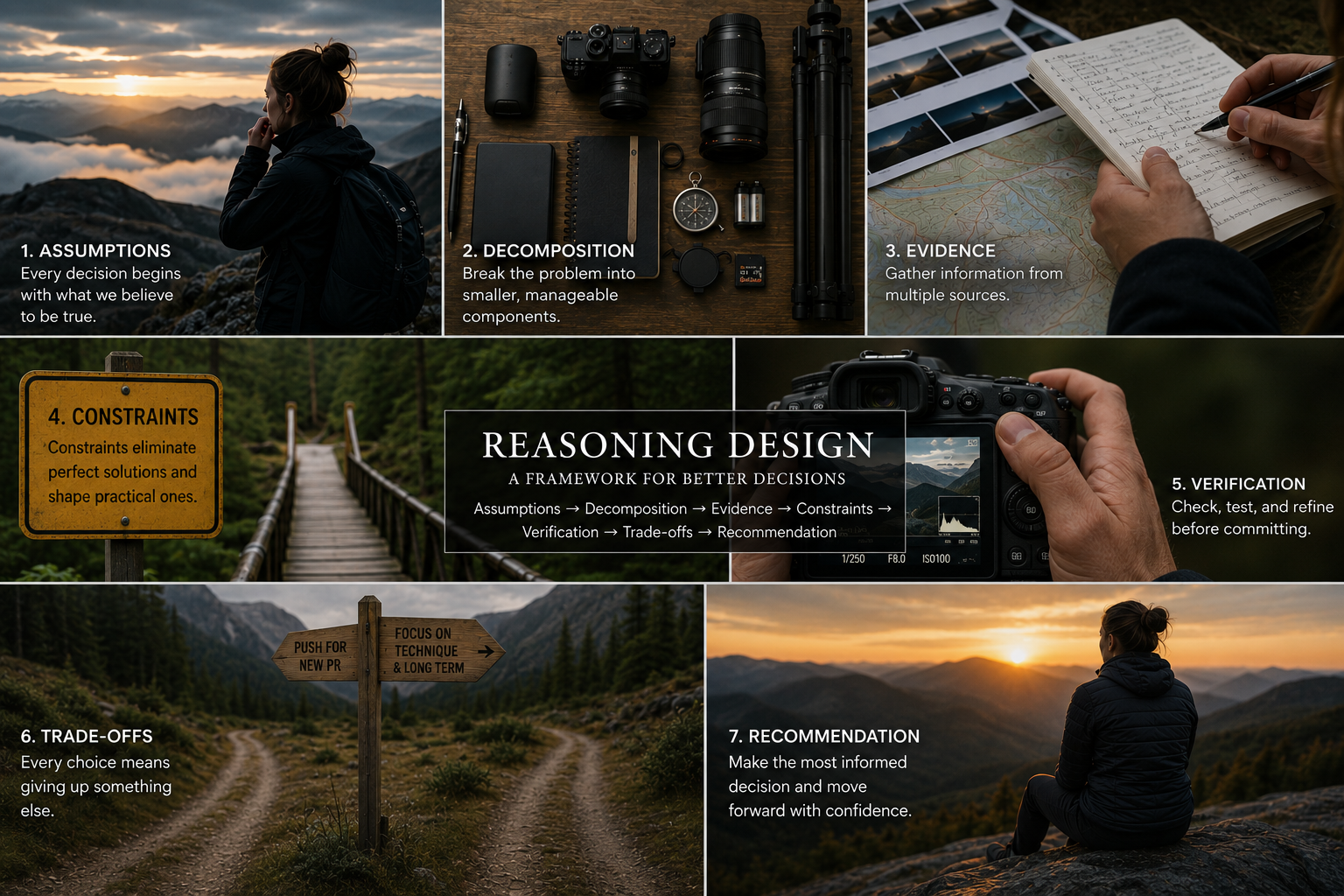 A step-by-step guide on reasoning design displayed on a collage of images: a person on a mountain at sunset, camera equipment, person writing in a notebook, a wooden trail sign, a woman sitting on rocks at sunset, and a camera showing a photo of mountain scenery.