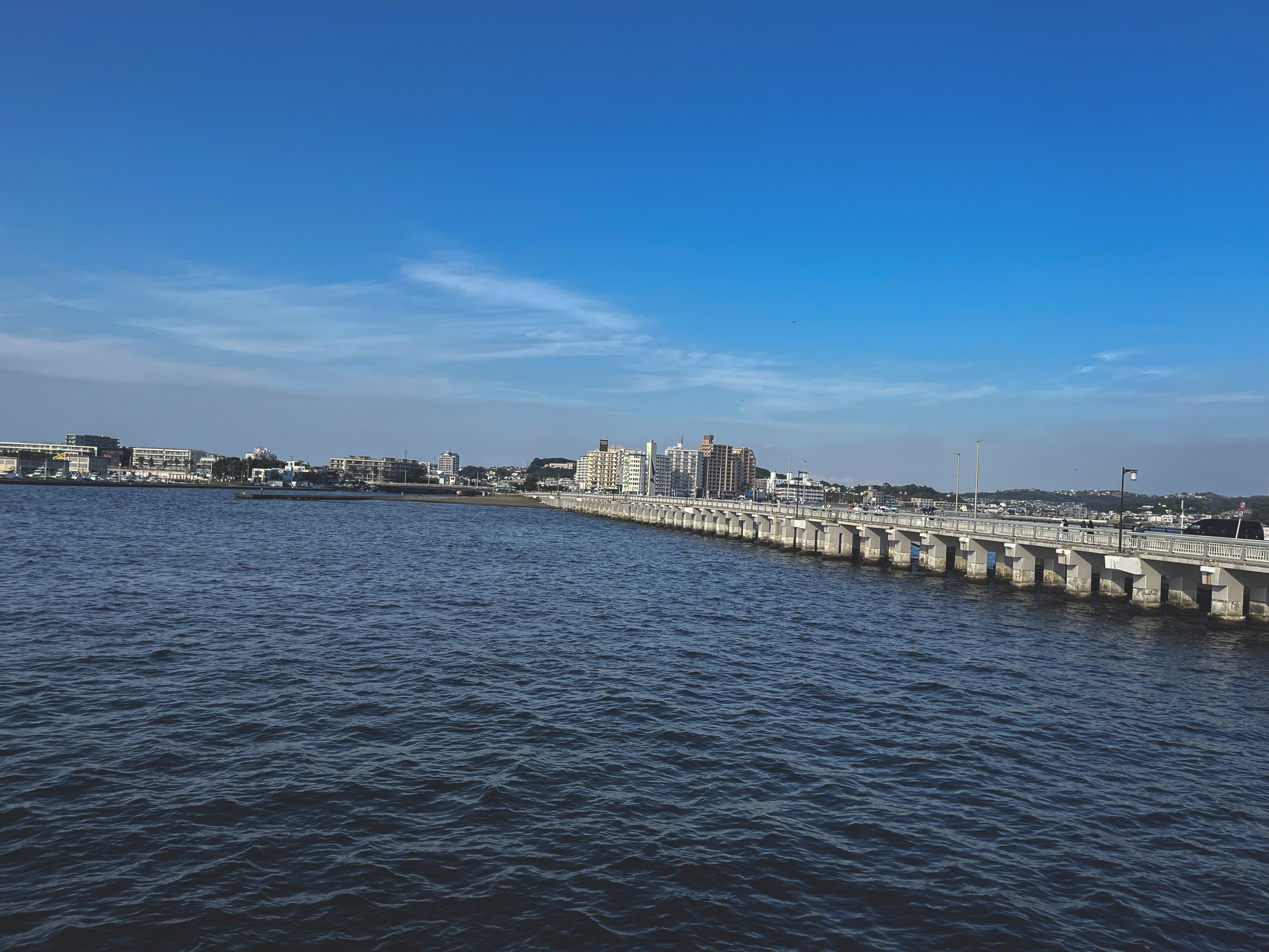 City skyline with modern buildings along a waterfront, under a clear blue sky.