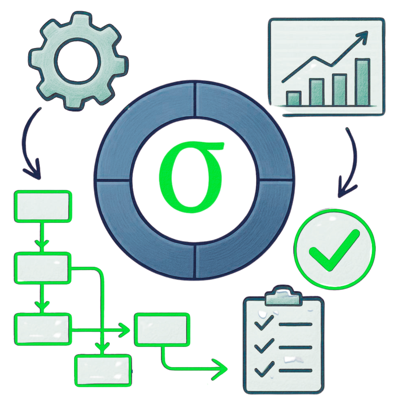 A flowchart diagram showing a cycle of process steps, including gears, a line graph indicating growth, checkmarks, and a clipboard with a checklist, representing process management or workflow.