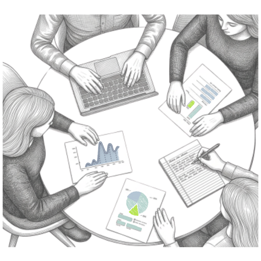 Four people sitting around a round table with laptops, documents, and charts, discussing data.
