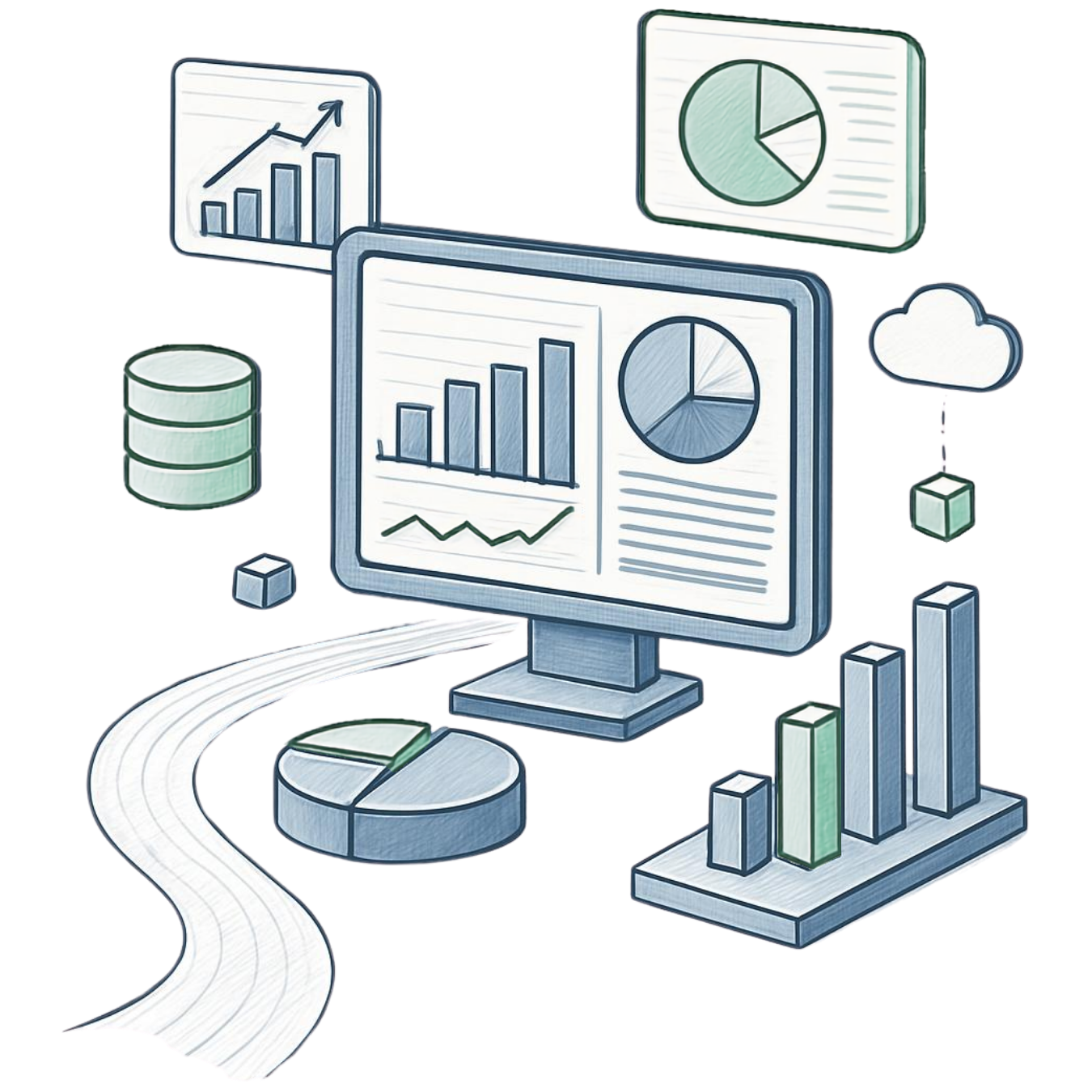 Illustration of data analysis visuals including charts, graphs, pie charts, a computer monitor showing bar and line graphs, a cloud icon, and data storage icons.