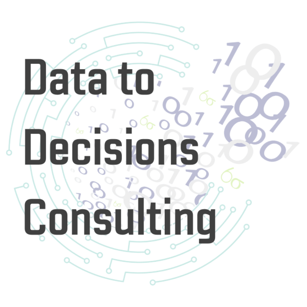 Text reading 'Data To Decision Consulting' over a stylized circular circuit with 1s and 0s bursting from it.