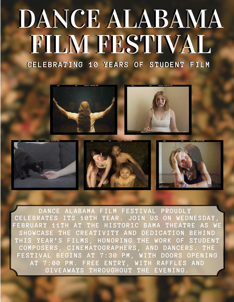 Poster for the Dance Alabama Film Festival celebrating 10 years, featuring photos of diverse students and film scenes, with event details and schedule.