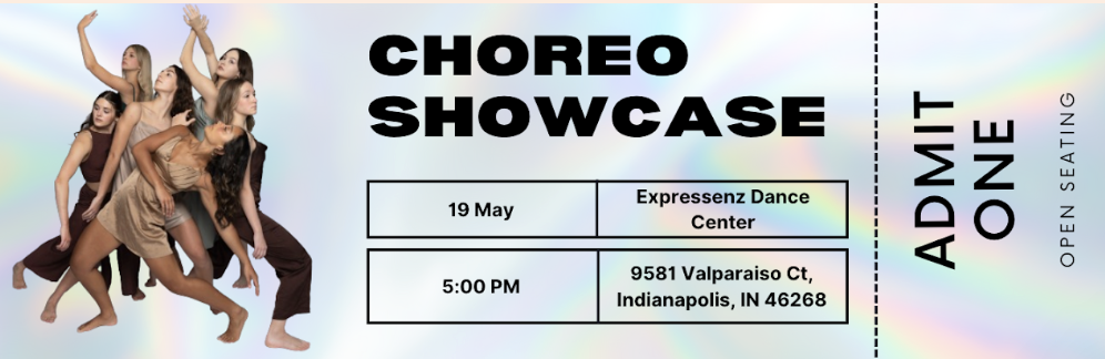 Poster for Choreo Showcase featuring a group of six diverse dancers in various poses. Details include date, time, location, and open seating information. The background has a pastel rainbow gradient.