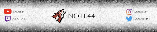 Social media contact banner for CNOTE44 featuring icons for YouTube, Instagram, Twitch, and Twitter with handles and a stylized red and black wolf head logo