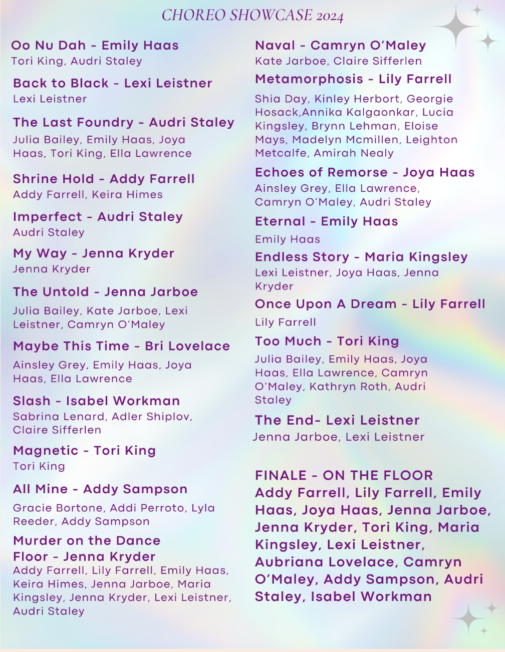 Program listing for Choreo Showcase 2024, including dance titles, performers' names, and choreographers' names.