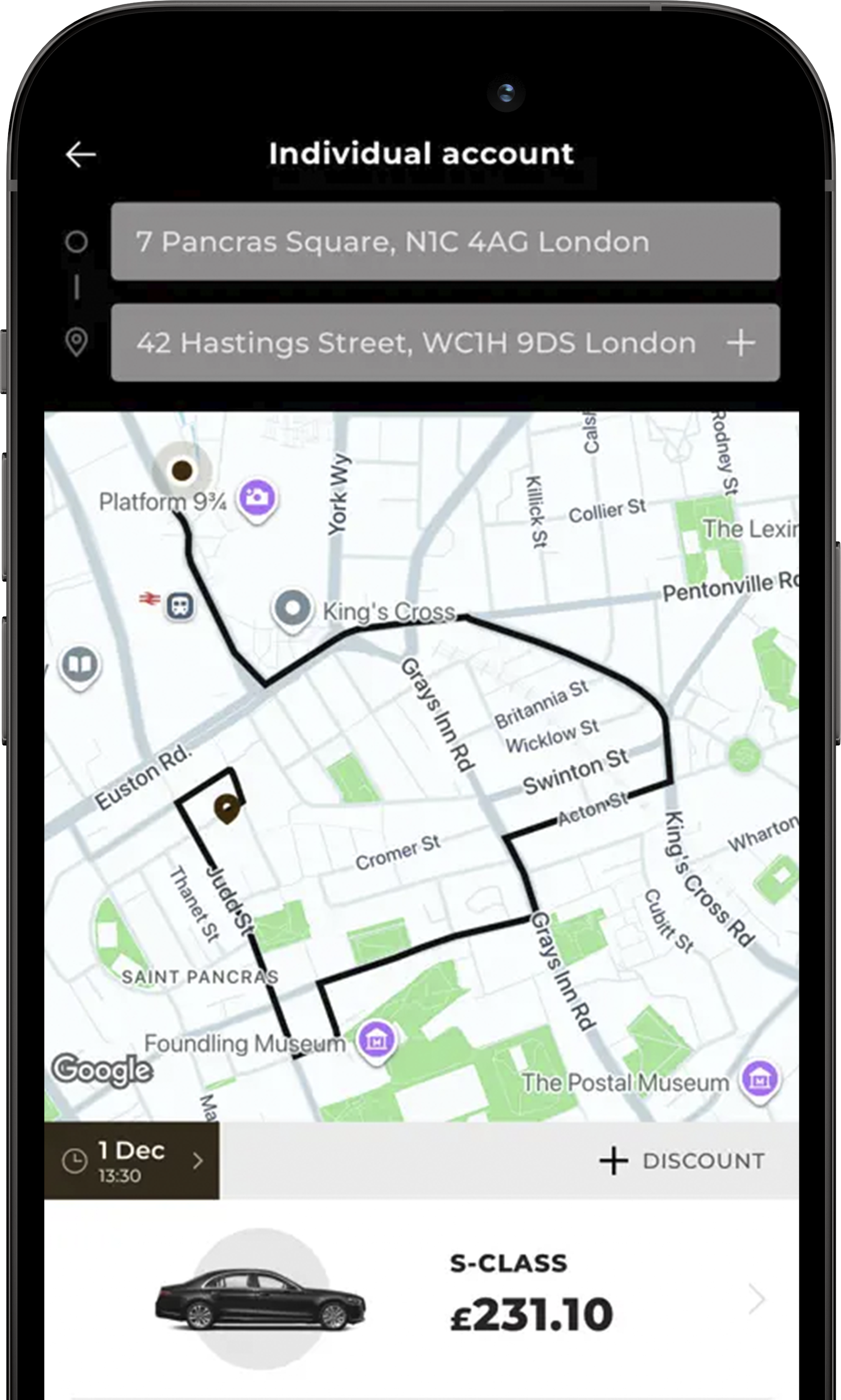 Mobile app screen showing a map route from 7 Pancras Square in London to 42 Hastings Street in London with a black car icon at the bottom, indicating the price of £231.10 for an S-Class vehicle on December 1st at 1:30 PM.