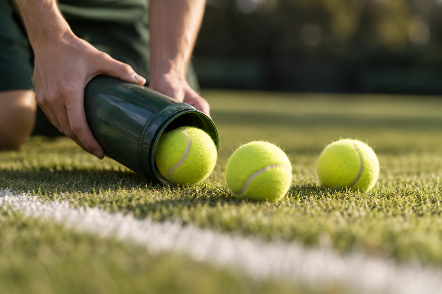 Person inserting tennis balls into a green canister on a tennis court at Wimbledon.