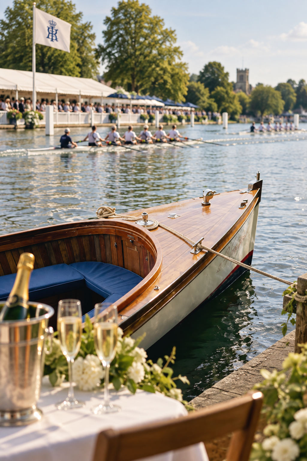 A wooden boat docked at the edge of a river during a daytime social event, with a table set with champagne glasses and flowers in the foreground, and a rowing race with multiple rowing teams competing on the river in the background.