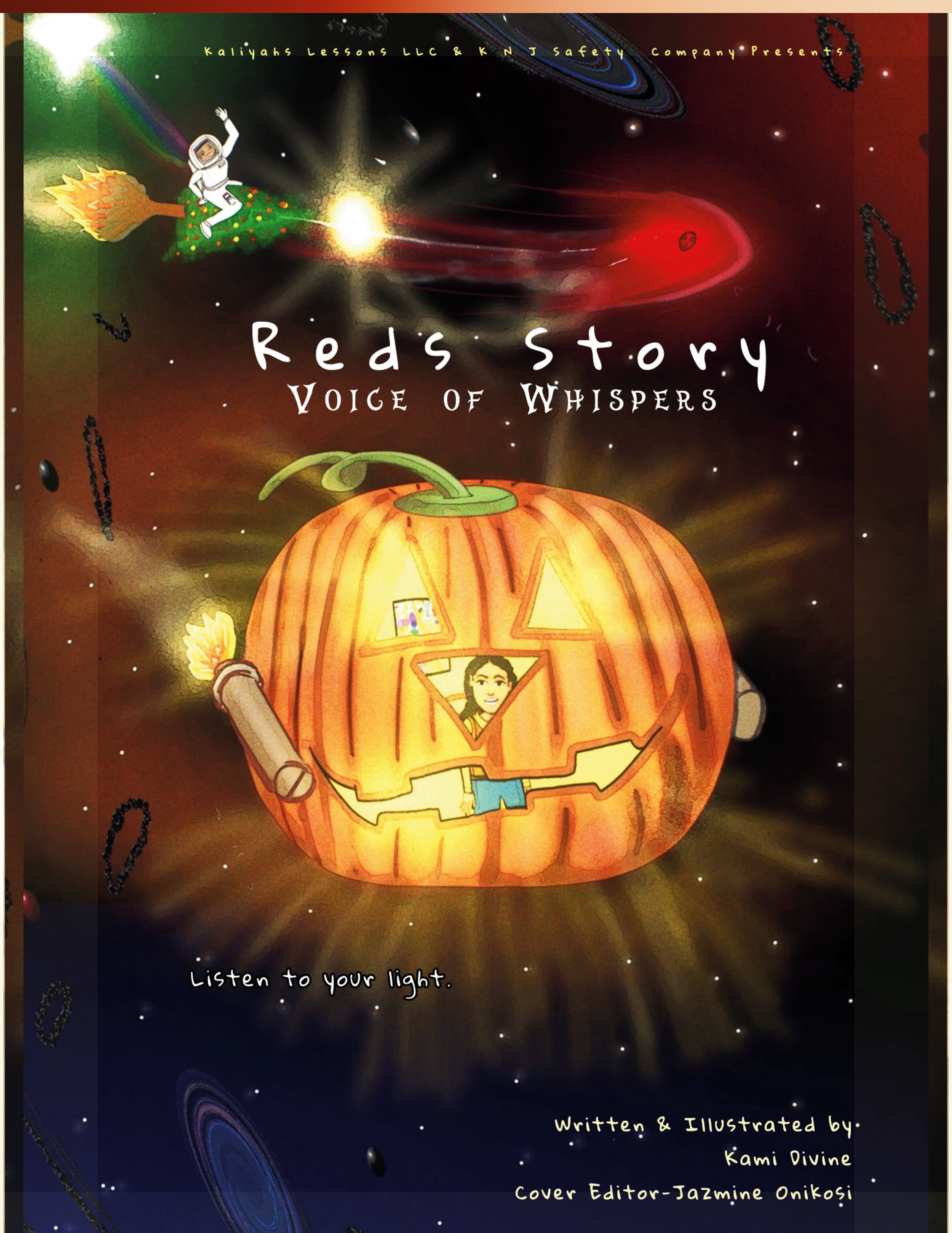 'Red's Story: Voice of Whispers' written and illustrated by Kami Divine, with Jazmine Onikosi as the cover editor.