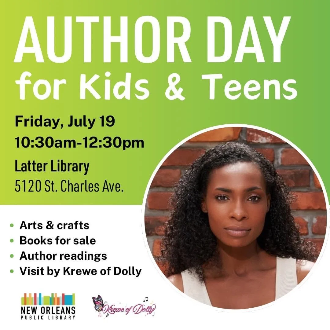 Flyer for Author Day event for kids and teens at Latter Library on July 19, from 10:30 am to 12:30 pm. Features arts, crafts, book sale, author readings, and a visit by Krewe of Dolly. Includes a photo of a woman with curly black hair in front of a b