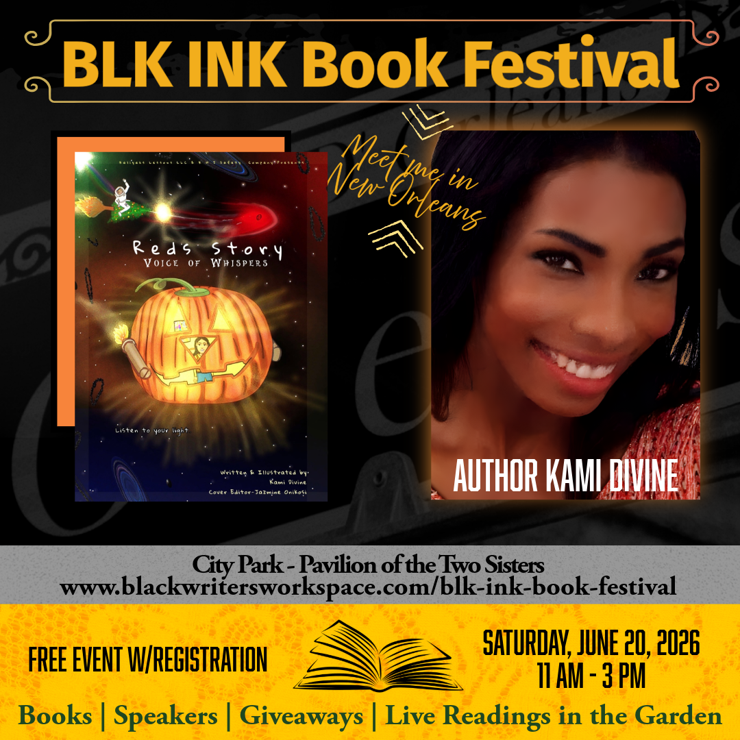 A promotional flyer for the BLK INK Book Festival featuring a book titled "Red's Story Voice of Whispers" with space-themed illustrations and a pumpkin, alongside a photograph of author Kami Divine. The event details include the date, location, and a