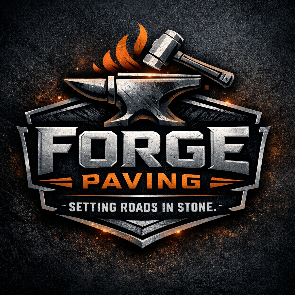 A logo for Forge Paving with a hammer and anvil, flames, and the tagline 'Setting Roads in Stone.'