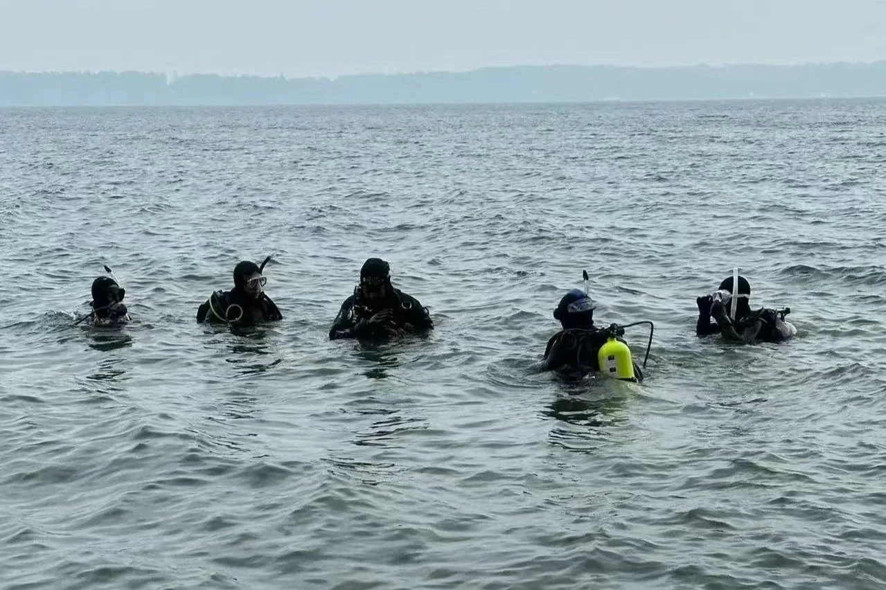 People in scuba gear standing in the ocean, preparing for a dive.