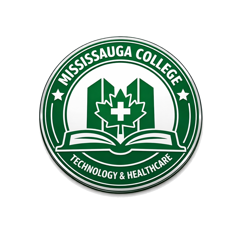 Emblem of Mississauga College, featuring a green circle with white text, a maple leaf with a cross, buildings, and an open book, along with the words 'Technology & Healthcare'.