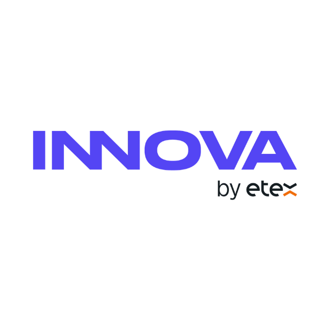 The image features a logo with the word "INNOVA" in bold purple letters, along with the small text "by etex" beneath it, on a black background.